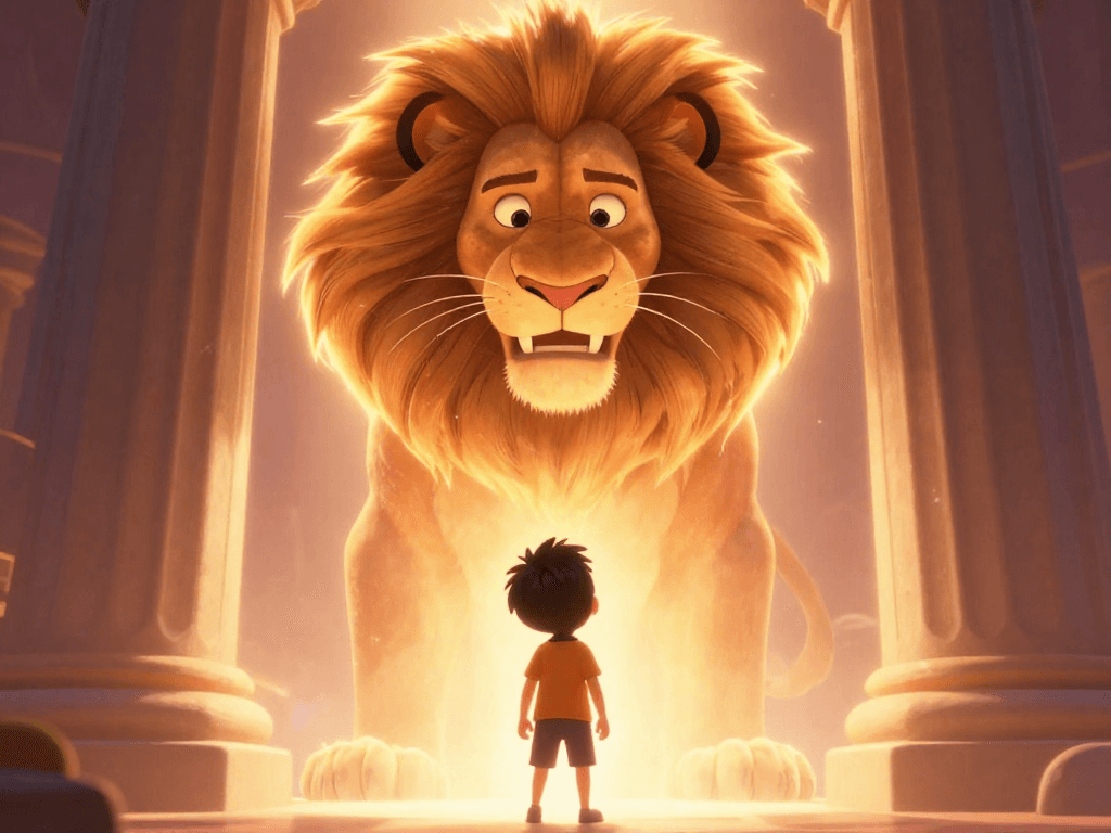 Boy facing a lion bravely