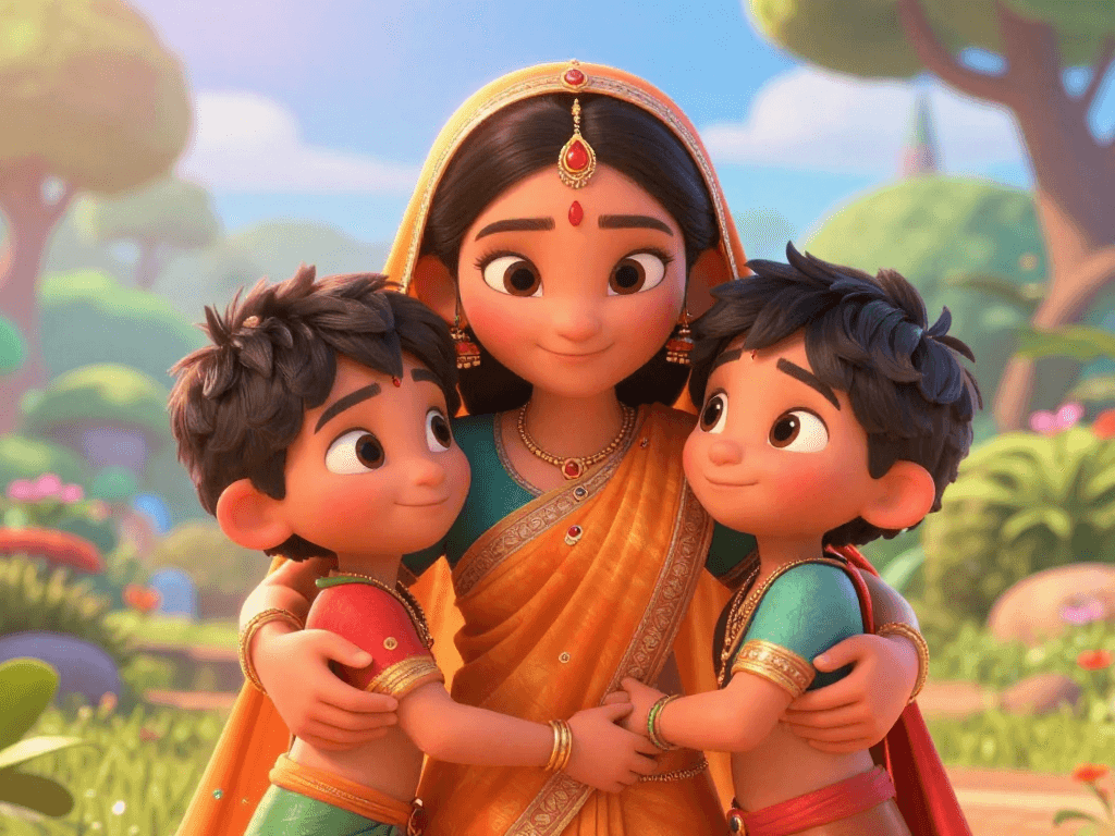 Mother hugging her children